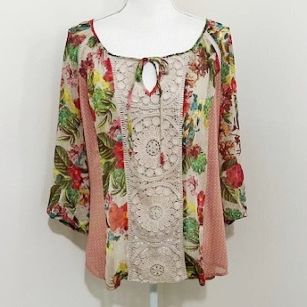 Meadow Rue Anthropologie Top Floral Crochet Blouse Boho Peasant Women's Size M